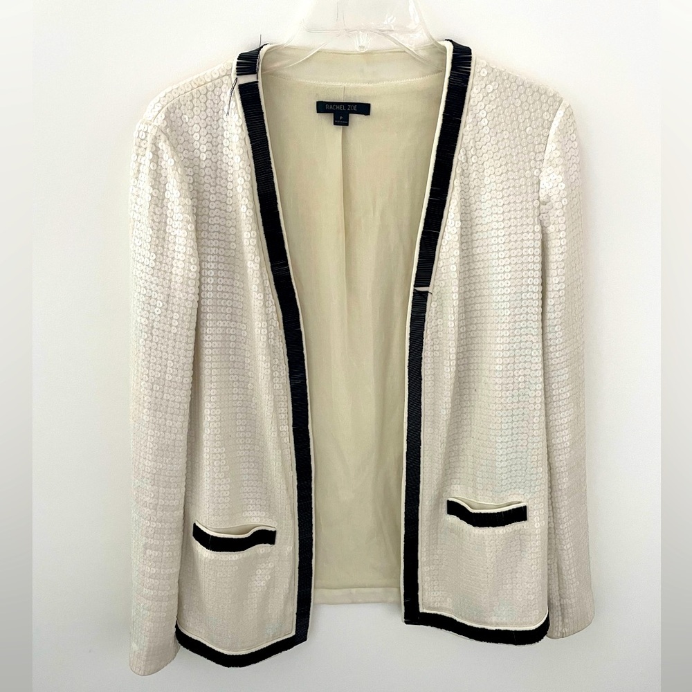 Rachel Zoe ivory sequin blazer, with black beaded trim, size P